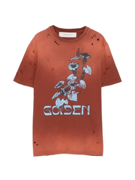 Gėlėtas marškinėliai Golden Goose su nubrozdinimais ruda