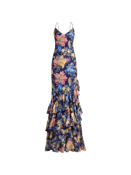 Lung rochie Etro cu model floral cu volane albastru