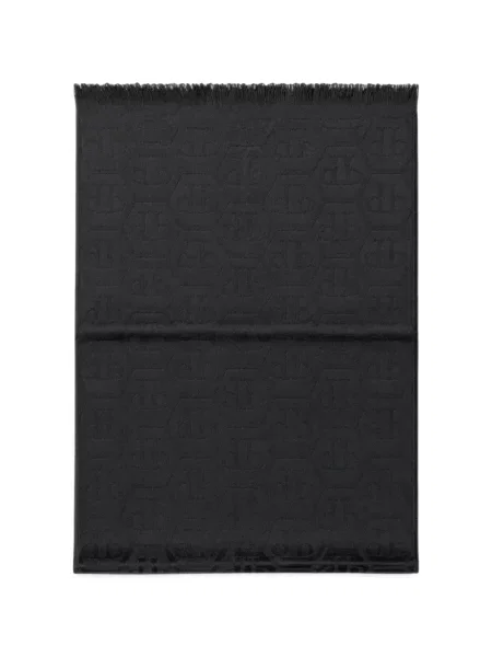 Fular Philipp Plein cu franjuri din jacard negru