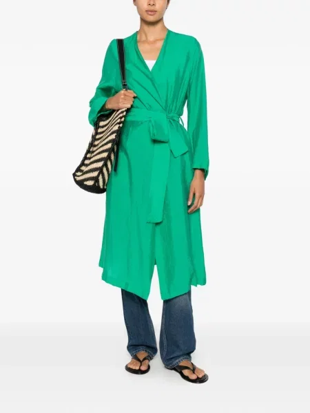 Cu centură palton Momoni cu model herringbone verde
