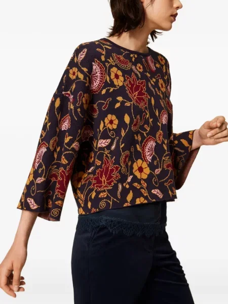 Pulover Twinset cu model floral din jacard negru