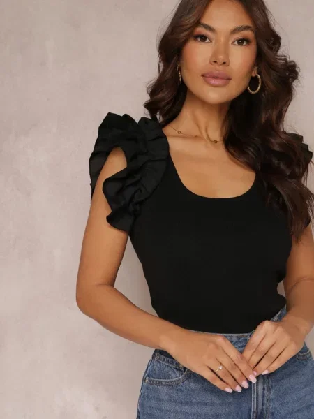 Top Other z falbankami z okrągłym dekoltem czarny