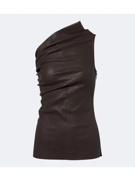 Top Rick Owens din piele cu un umăr gol maro