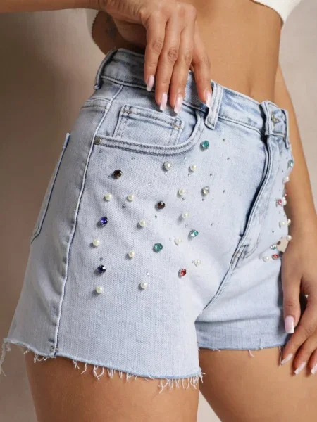 Blugi scurți albaștri cu talie înaltă decorați cu perle și zirconiu Prescota albastru