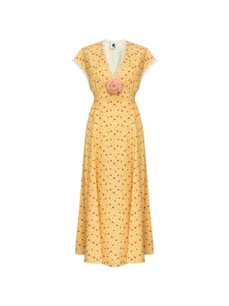 Rochie midi Sleeper cu model floral cu imagine din dantelă galben