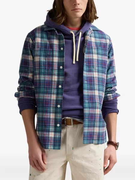 Ленена карирана риза Polo Ralph Lauren бродирана синьо