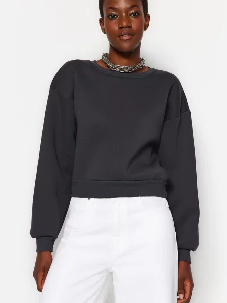 Decupat hanorac crewneck Trendyol din fleece cu decolteu rotund gri