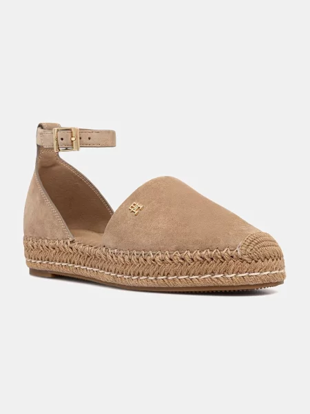 Tommy Hilfiger espadrile cu platformă pentru femei din piele întoarsă TH PLATFORM ESPAD SUEDE STRAP bej