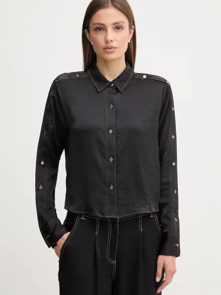 Риза Dkny дамска със свободна кройка с класическа яка черно