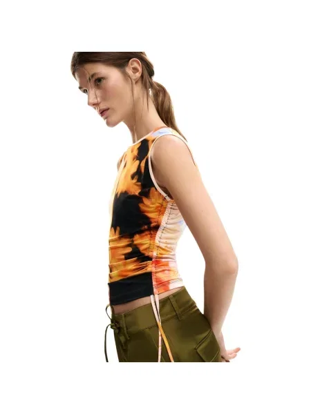 Top Desigual fără mâneci cu model floral galben