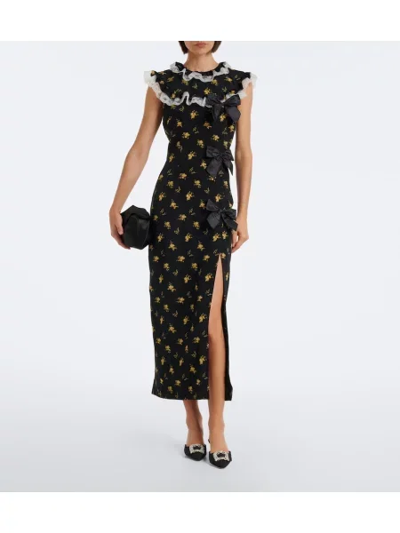 Rochie Alessandra Rich cu funde de mătase cu model floral negru