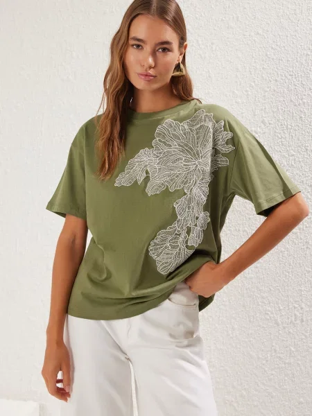 Trendyol Tricou oliv alb