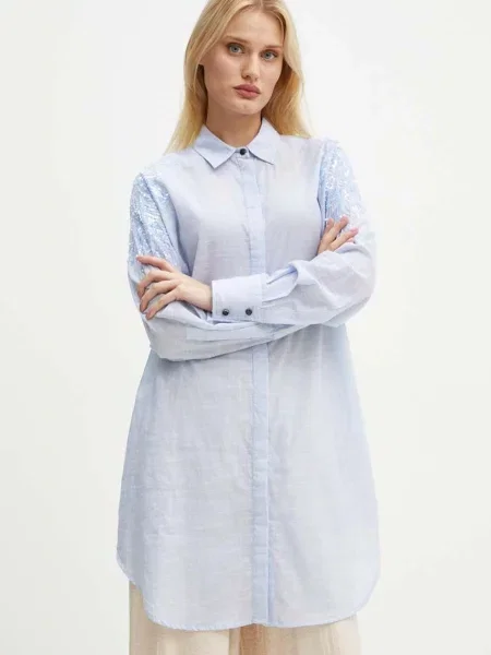 Рокля Bruuns Bazaar ArgeratumBBArdes shirt къса с уголемена кройка синьо