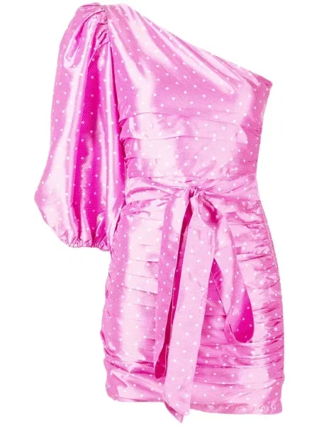 Rochie Loveshackfancy plisată cu un umăr gol de costum roz