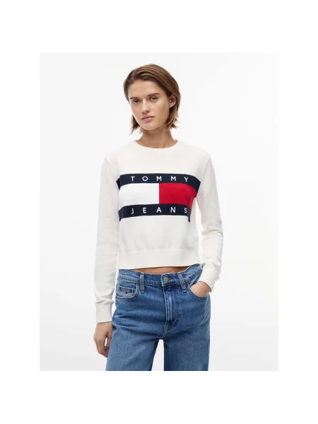 Pulover Tommy Hilfiger cu decolteu rotund alb
