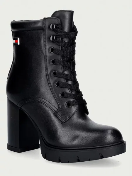 Cizme Tommy Jeans cu șireturi din piele cu toc înalt negru
