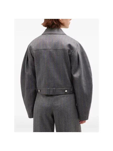 Kurtka Ganni w paski o krotszym kroju z bufiastymi rękawami szara