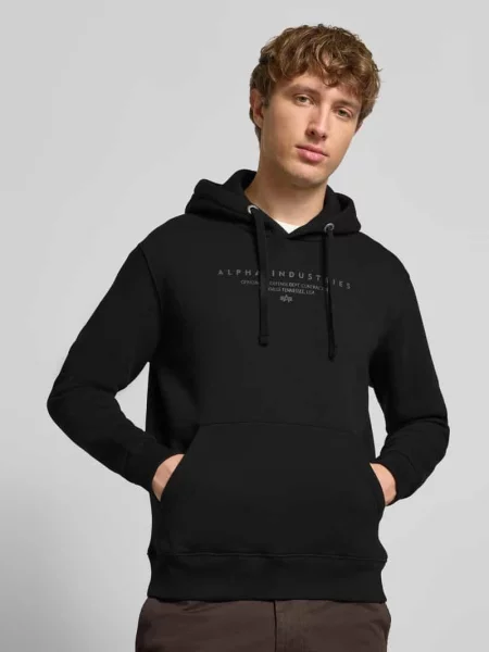 Bluza z kapturem nadrukiem z logo i kieszenią kangurką Alpha Industries czarna