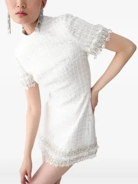 Rochie mini Carolina Herrera din tweed cu mărgele de costum alb
