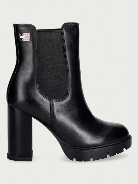 Cizme Tommy Jeans din piele cu toc înalt negru