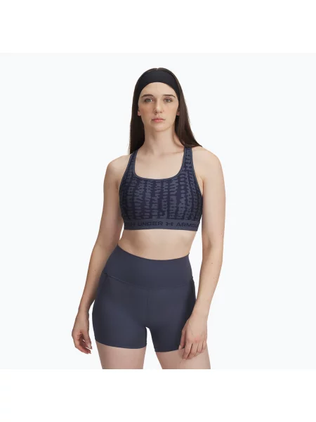 Biustonosz treningowy Under Armour Crossback Mid Print downpour gray/midnight navy/midnight navy czarny