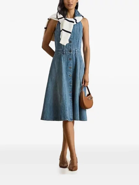 Rochie din denim Lauren Ralph Lauren fără mâneci până la genunchi de costum albastru