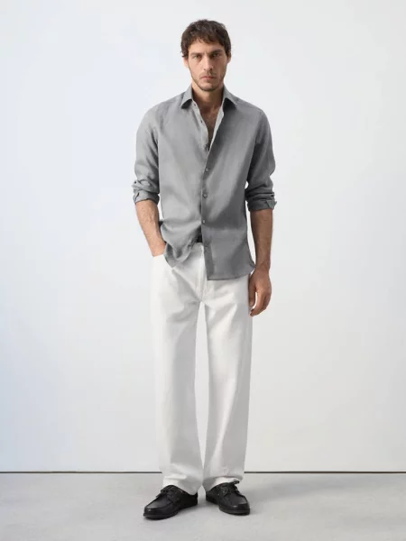 Koszula slim fit z lnu antracytowy Mężczyzna L MANGO MAN