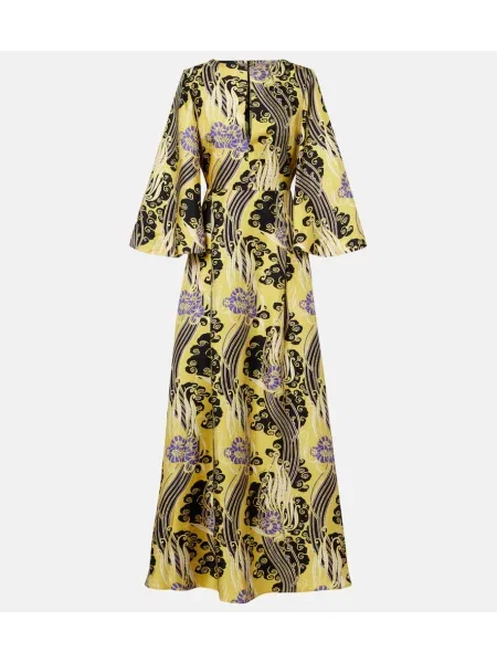 Rochie maxi La Doublej de mătase cu imagine de costum galben