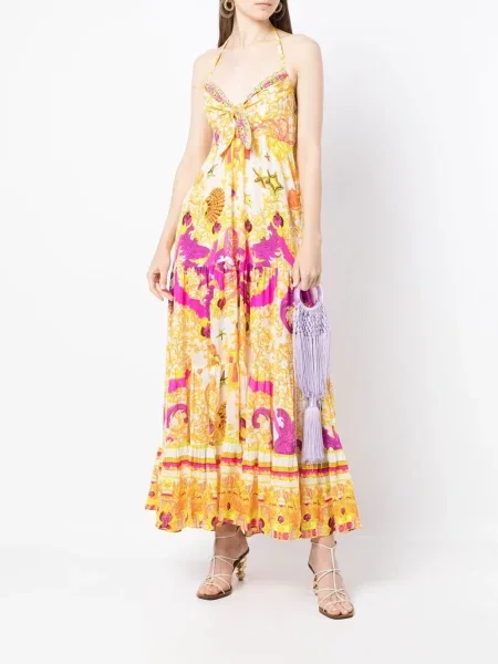 Rochie midi Camilla cu imagine cu gât halter alb