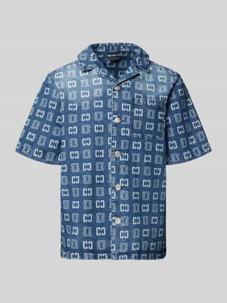 Koszula casualowa o kroju relaxed fit z tkaniny stylizowanej na denim z nadrukiem z logo na całej powierzchni Colucci niebieska