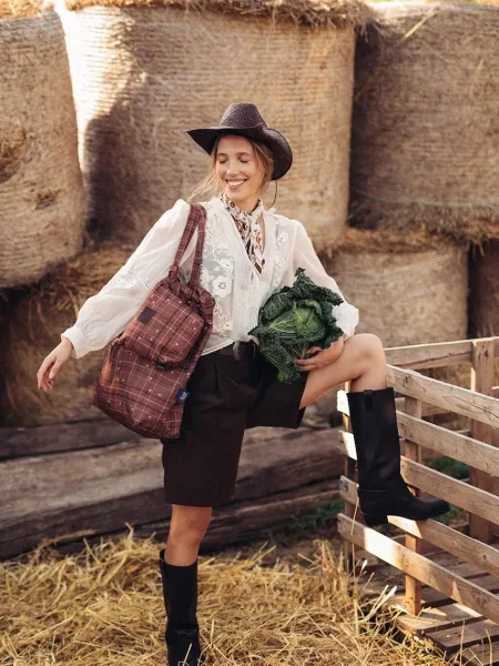 La Millou torebka shopper MOO MEADOW PLAID pomarańczowa