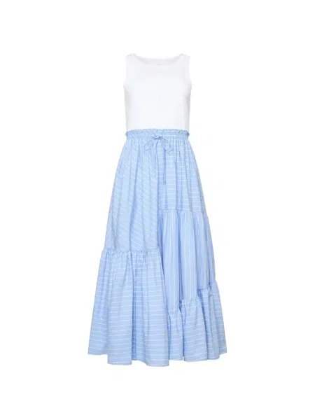 Rochie midi Cinq A Sept cu dungi cu volane până la genunchi albastru