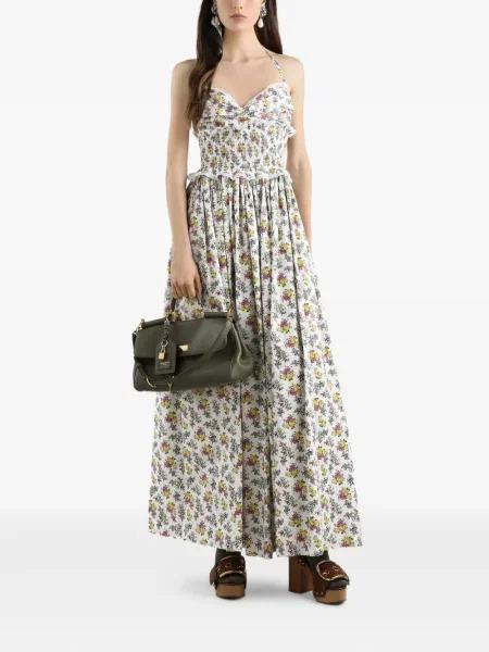 Gėlėtas kostiumas maxi suknele Dolce & Gabbana su raukiniais balta