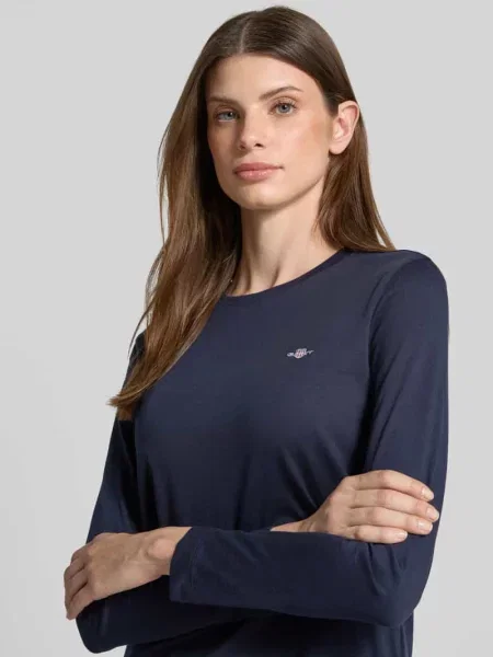 Bluzka z długim rękawem okrągłym dekoltem i wyhaftowanym logo Gant granatowa