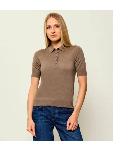 Tricou polo Boss Black de lână maro