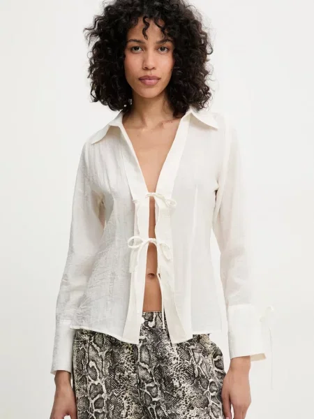 Answear Lab koszula z lnem regular z kołnierzykiem klasycznym beżowy