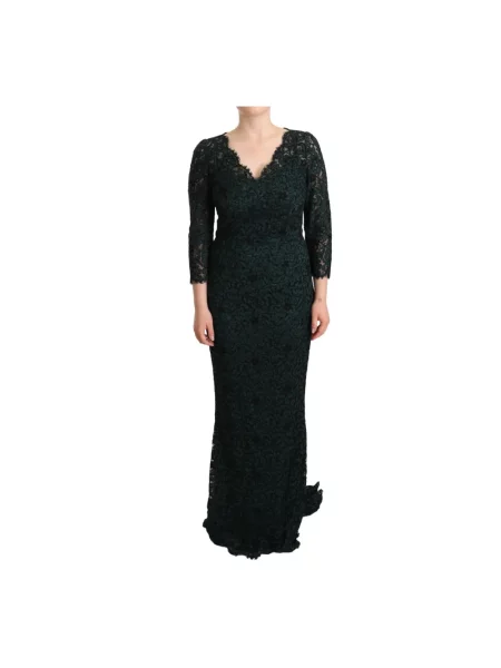 Długa sukienka maxi Dolce And Gabbana w kwiatki koronkowa zielona