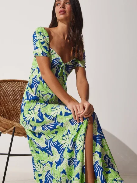 Sukienka maxi Happiness İstanbul w kwiatki zielona