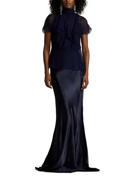 Fustă Ralph Lauren Collection din satin albastru