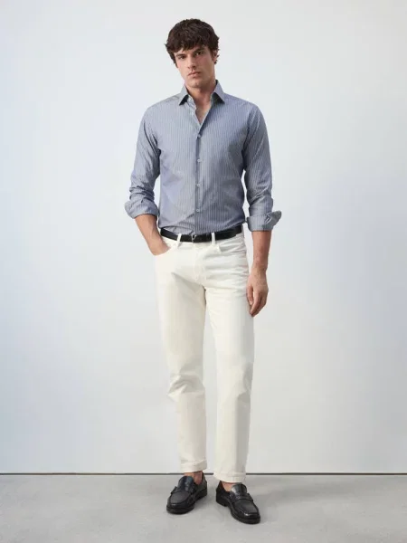 Koszula ze bawełny w paski slim fit Mężczyzna XS MANGO MAN błękitny