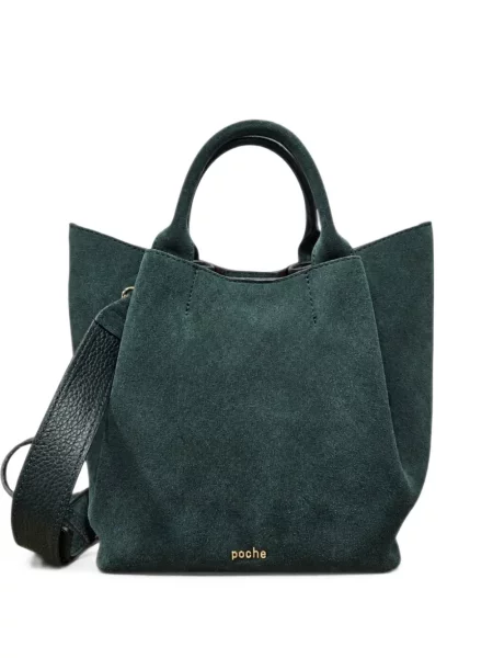 Geantă shopper Poche Paris din piele de căprioară cu autograf verde