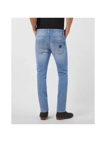 Jeansy straight leg Philipp Plein z ćwiekami niebieskie