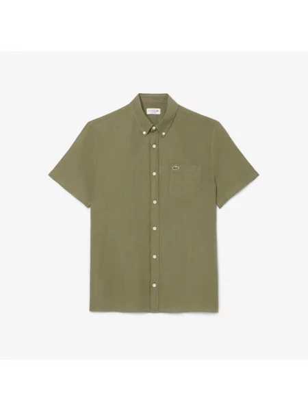 Lacoste Lniana Koszula Button-Down Z Krótkim Rękawem Regular Fit Khaki zielony