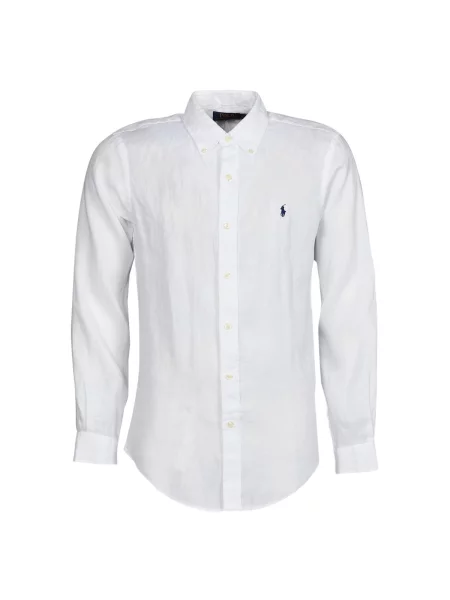 Lanena srajca Polo Ralph Lauren z vezenjem z dolgimi rokavi bela