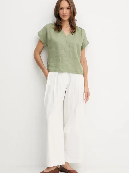 Льняна блузка United Colors of Benetton однотонна зелений