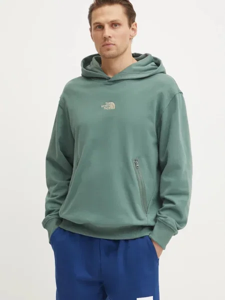 Bombažen pulover The North Face Heritage Relaxed s kapuco zelena
