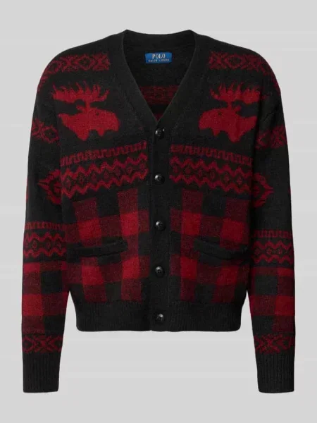 Kurtka z dzianiny z dekoltem w serek i listwą guzikową Polo Ralph Lauren czerwona