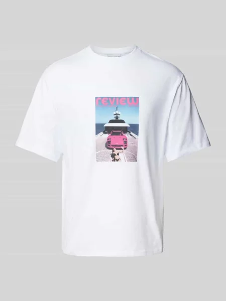 T-shirt z prążkowanym okrągłym dekoltem Review biała