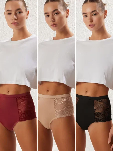 Trendyol Black-Multicolored Jersey Lace Detail Plain Hipster Panties negru
