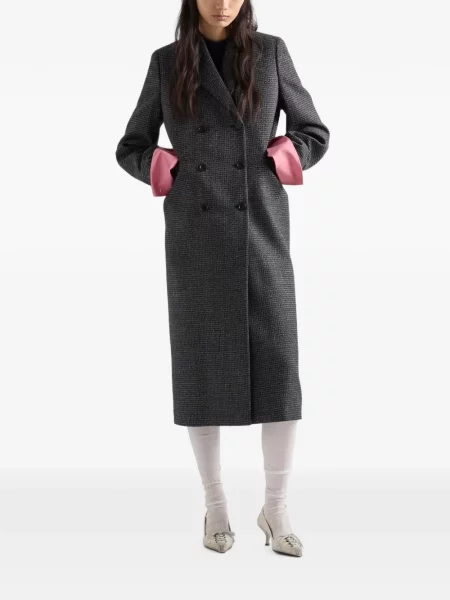 Вълнено карирано двуредно палто Prada черно